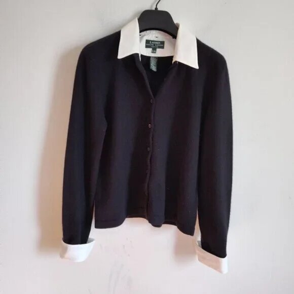 Ladies Petite SZ PM Lauren Ralph Lauren Black Luxurious Button Front Swe… - Picture 1 of 7